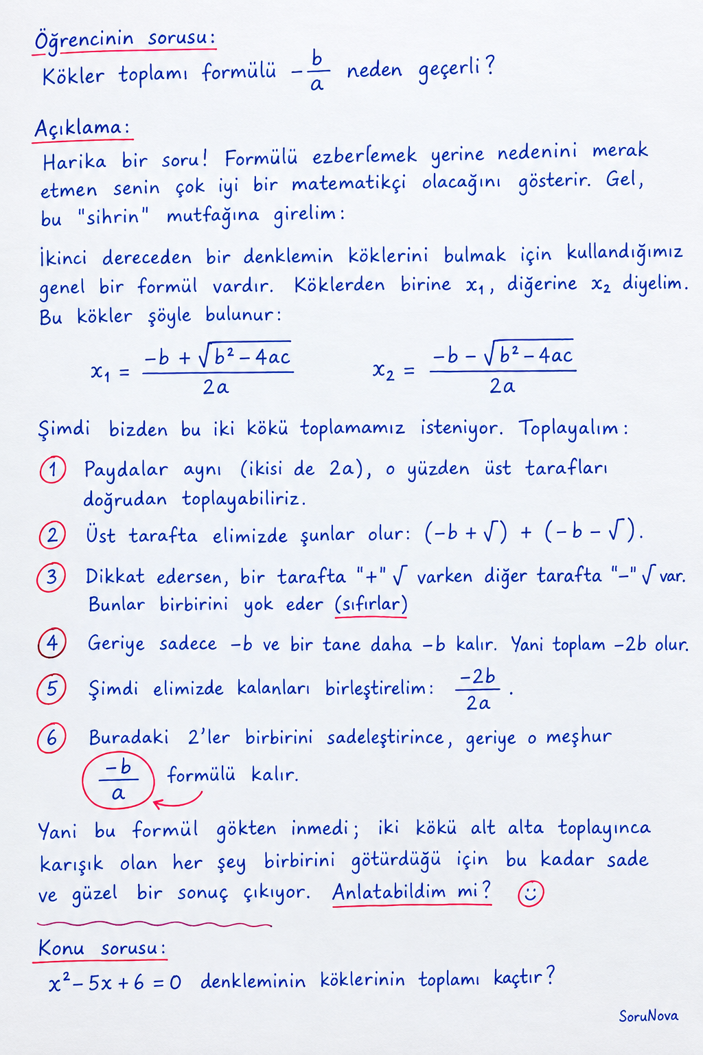 İkinci Dereceden Denklemlerde Kökler Toplamı Hesaplama — "Kökler toplamı formülü -b/a neden geçerli?" sorusunun resimli açıklaması