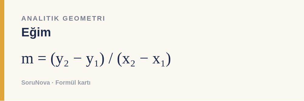 Eğim: m = (y₂ − y₁) / (x₂ − x₁)